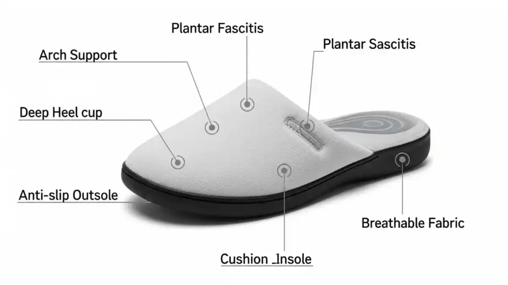 Plantar fasciitis slipper features labeled diagram